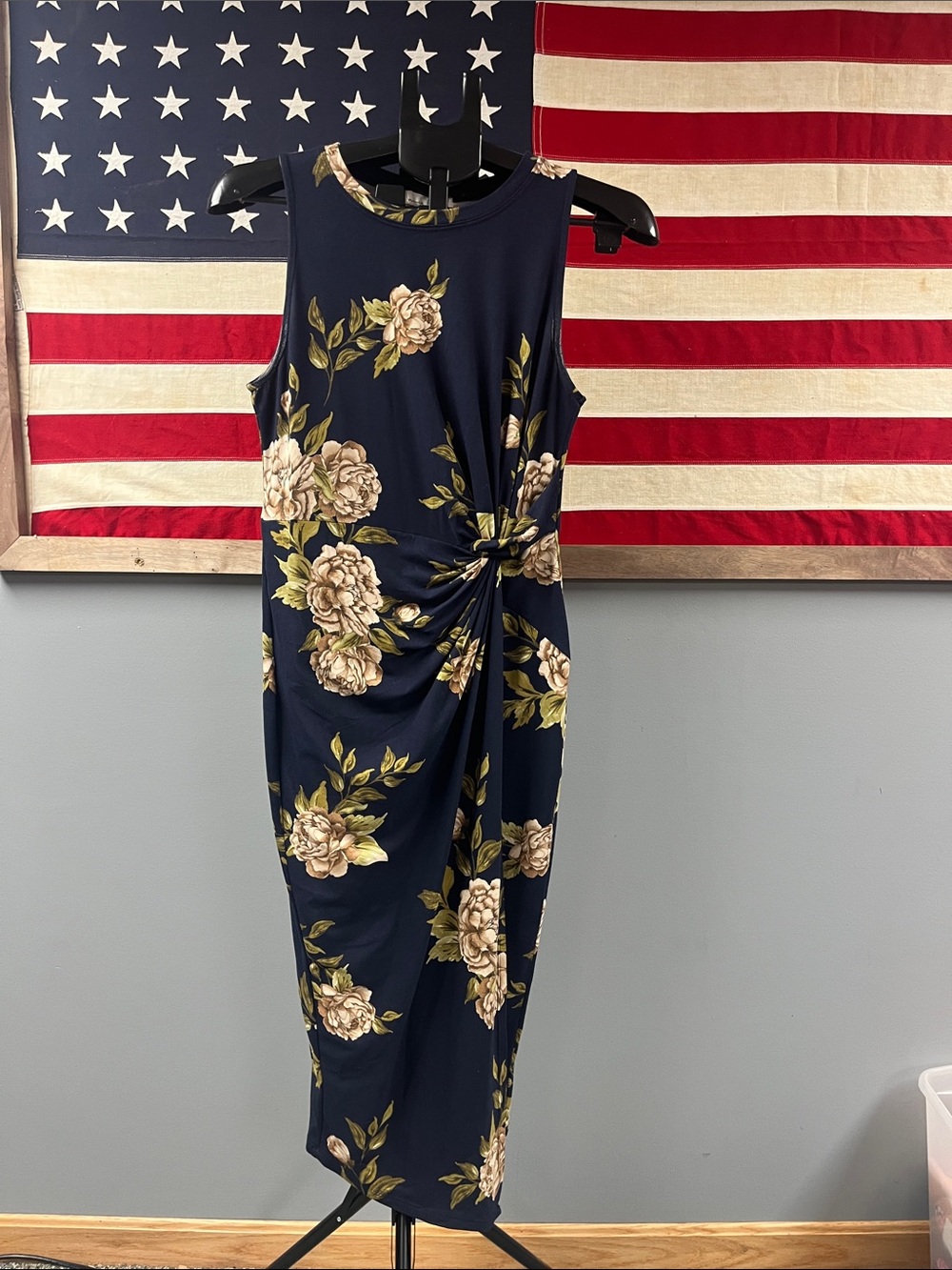 Navy Floral Twist-Front Midi Dress